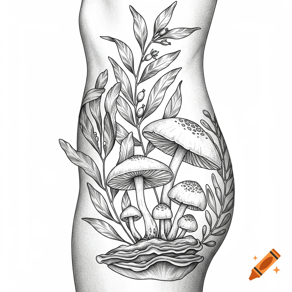 A black and white line art tattoo design of mushrooms and botanical elements on a human torso.