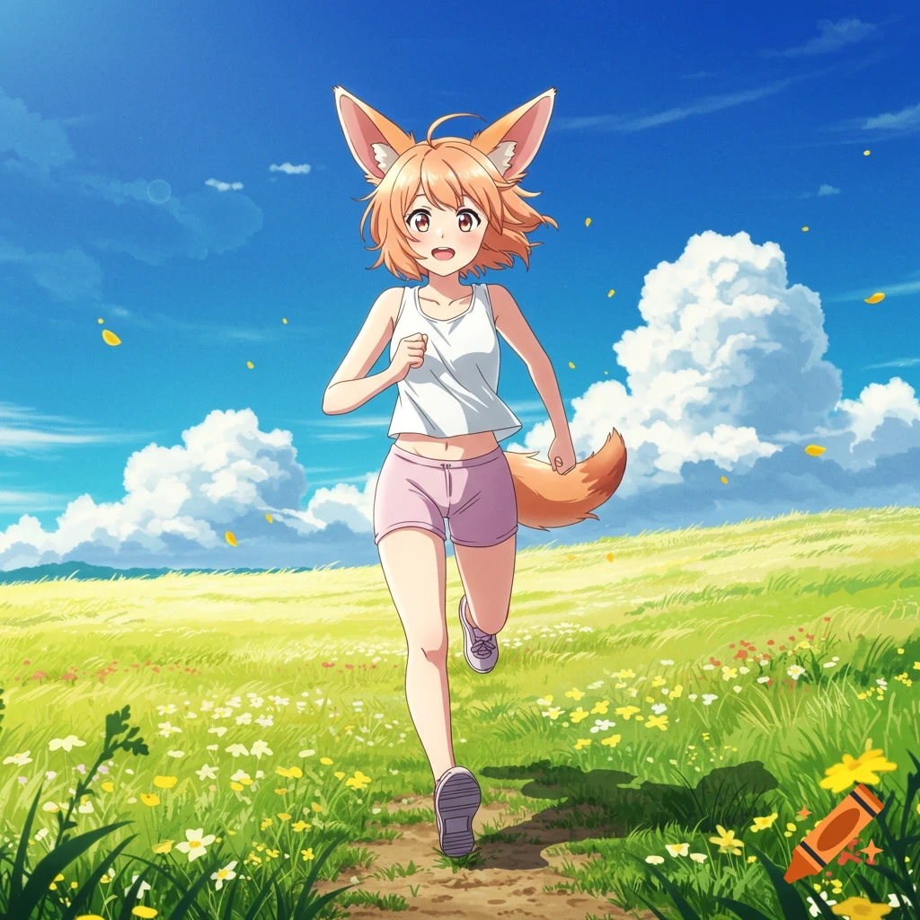 Anime girl with fennec fox ears and tail, wearing a tank top and shorts, running on a path through a sunny green field.