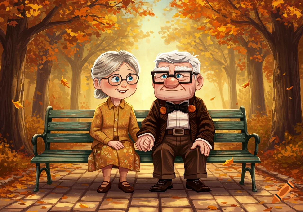 Ellie and Carl Fredrickson from Disney-Pixar's Up, holding hands on a park bench surrounded by autumn trees.