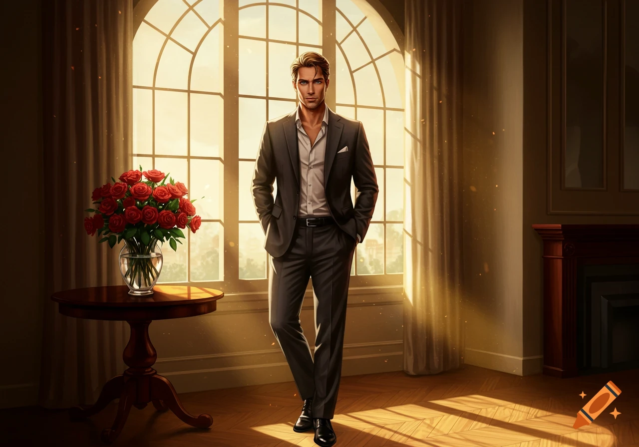 A handsome man in a suit stands in a grand room with a large window and a vase of red roses, illuminated by golden light.