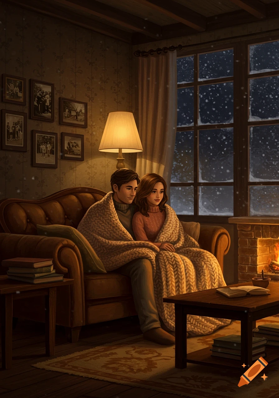 An illustration of a couple sitting cozily on a couch, covered by a blanket, in a warm living room with a fireplace and a snowy window.