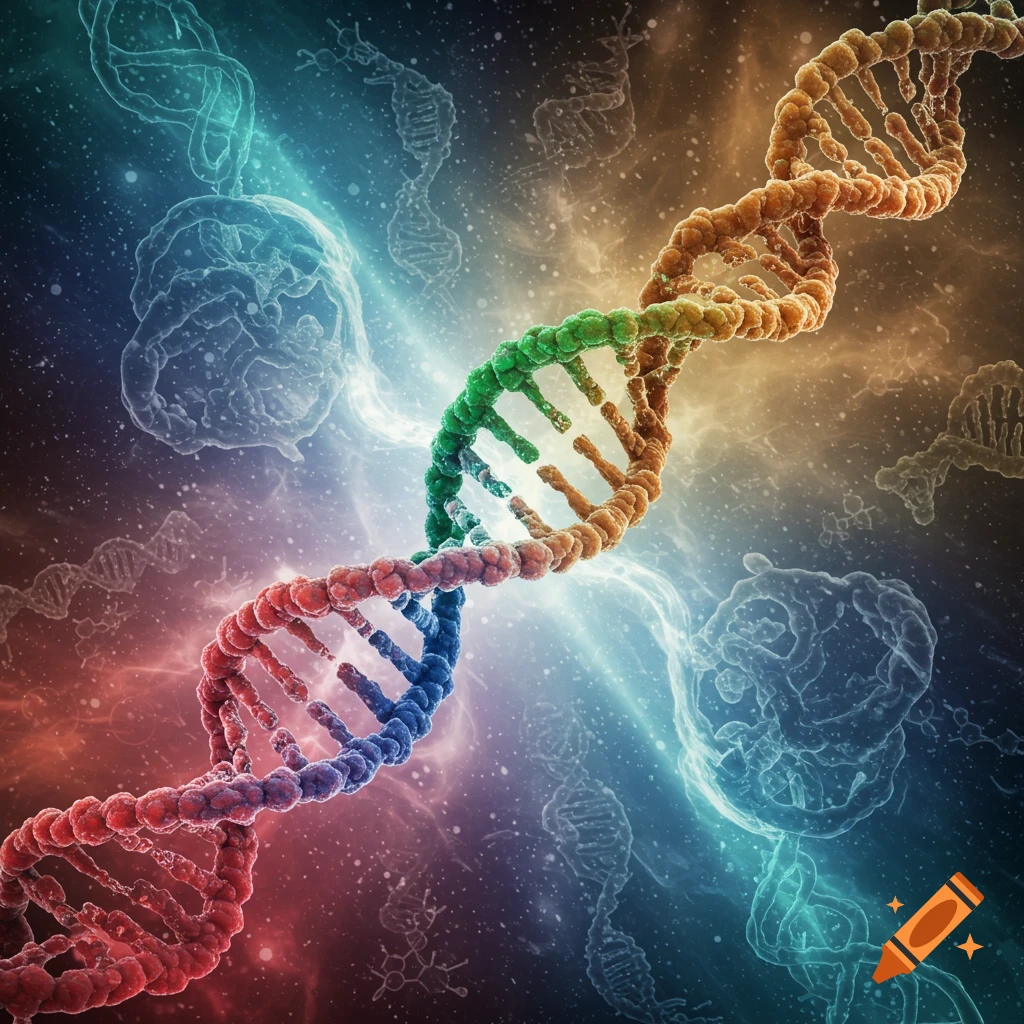 Vibrant multicolored DNA double helix with red, blue, green, and orange sections, set against a swirling background of faint molecules and light.