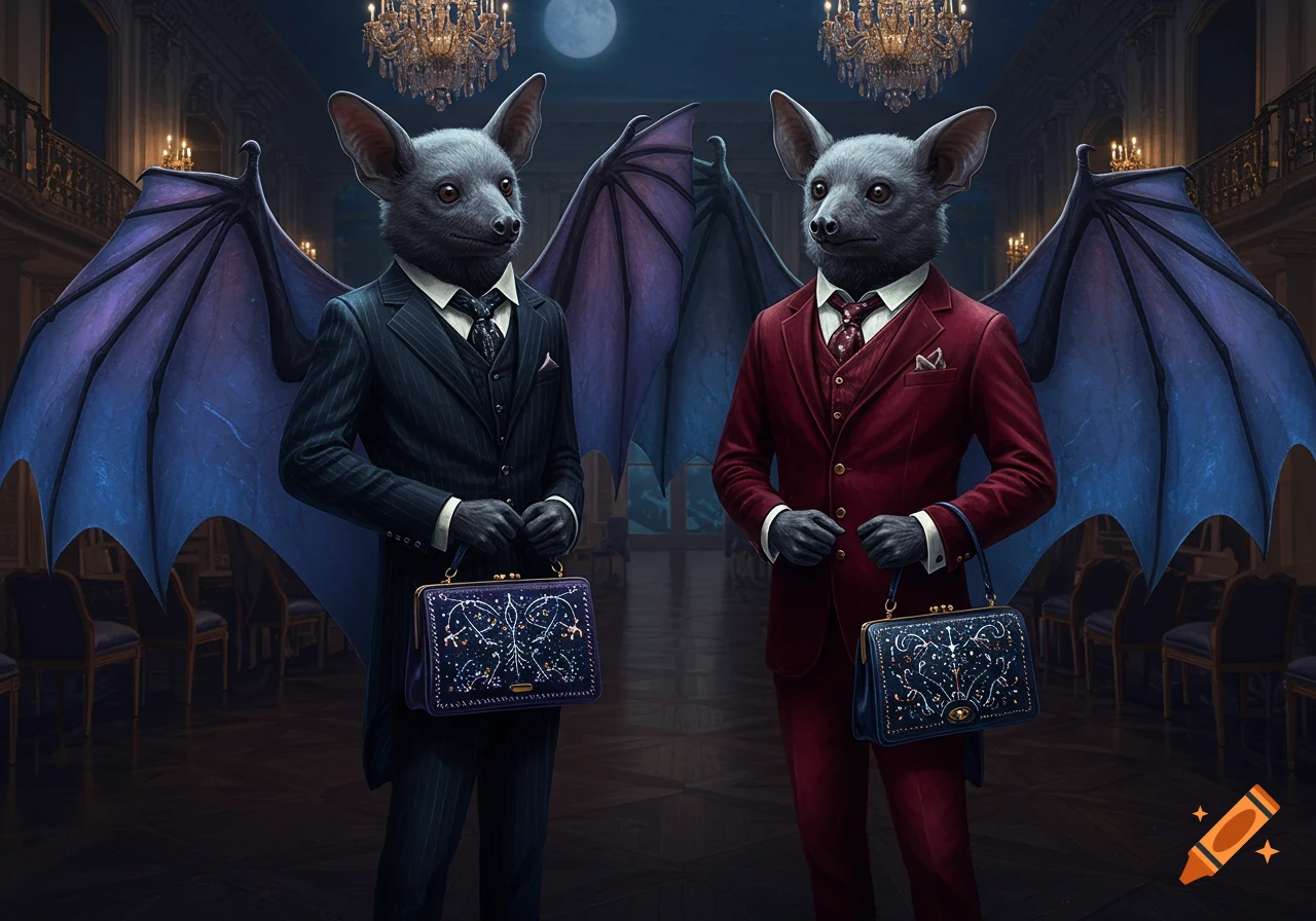 Two photorealistic human-sized bats in formal suits, one blue and one red, holding ornate purses in an elegant, dimly lit room.