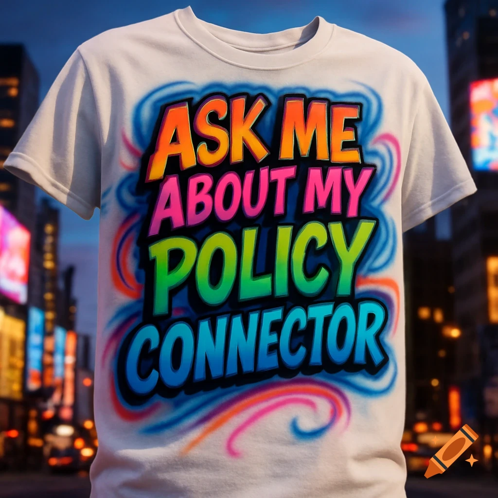 A white t-shirt with colorful airbrushed text 'ASK ME ABOUT MY POLICY CONNECTOR' in a city street background.