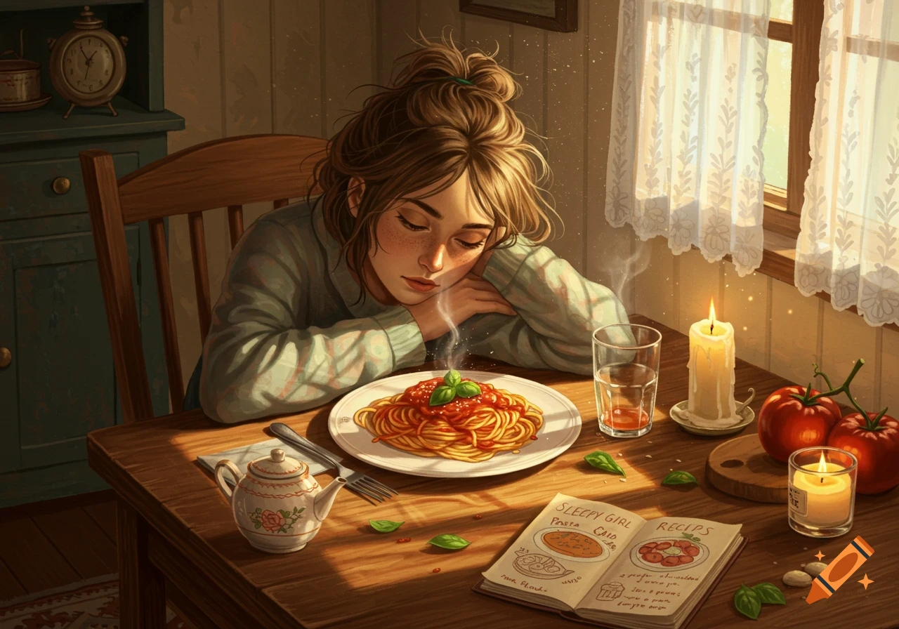 An illustrated young woman with her head resting on a wooden table, next to a plate of steaming spaghetti, in a cozy, sunlit room.
