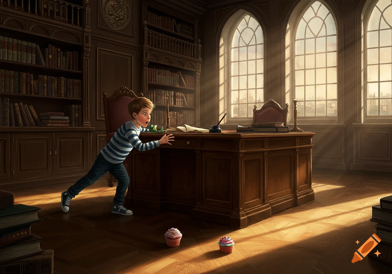 A boy leans over a large wooden desk in a grand library with tall arched windows, looking at two cupcakes on the floor.