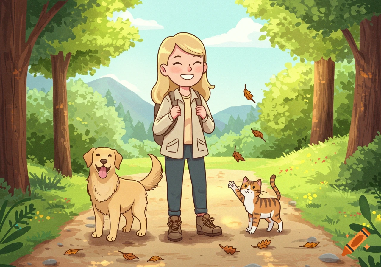 A happy cartoon woman with a backpack, golden retriever, and striped cat on a dirt path in a sunlit forest, with falling leaves.