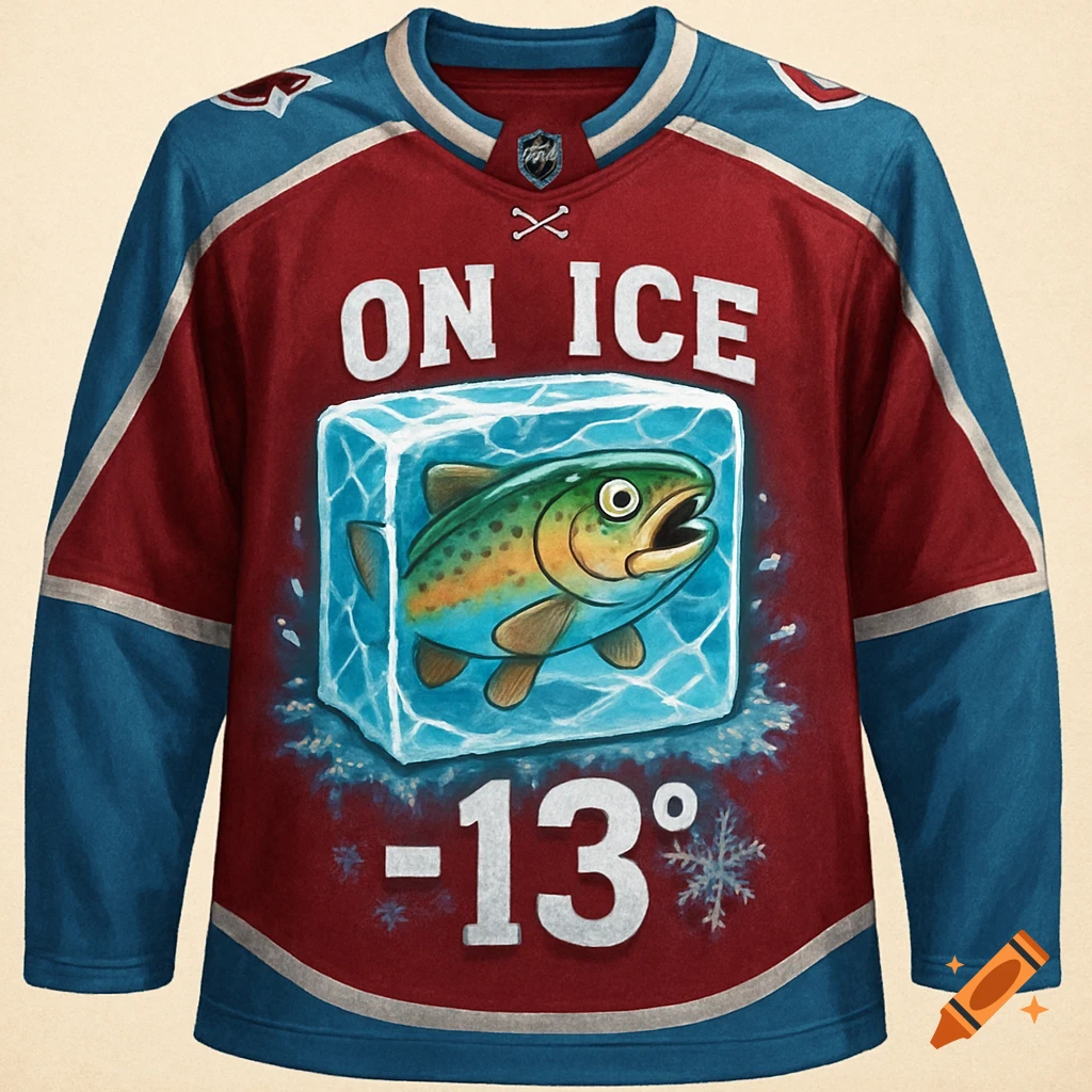 A red and blue hockey jersey featuring a cartoon trout frozen in a block of ice, with 'ON ICE' and '-130' text.