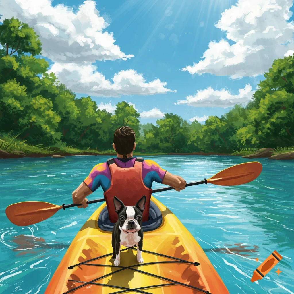 An illustration of a person kayaking on a river with a Boston terrier dog on the front of the kayak, surrounded by green trees under a blue sky.