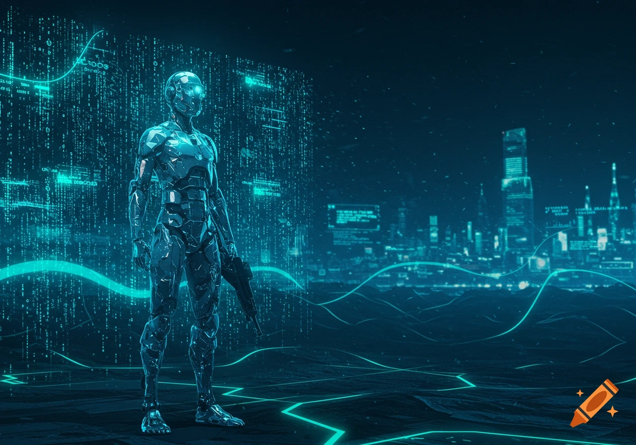 A glowing, metallic robot stands in a dark, futuristic cityscape with digital data streams and glowing lines.