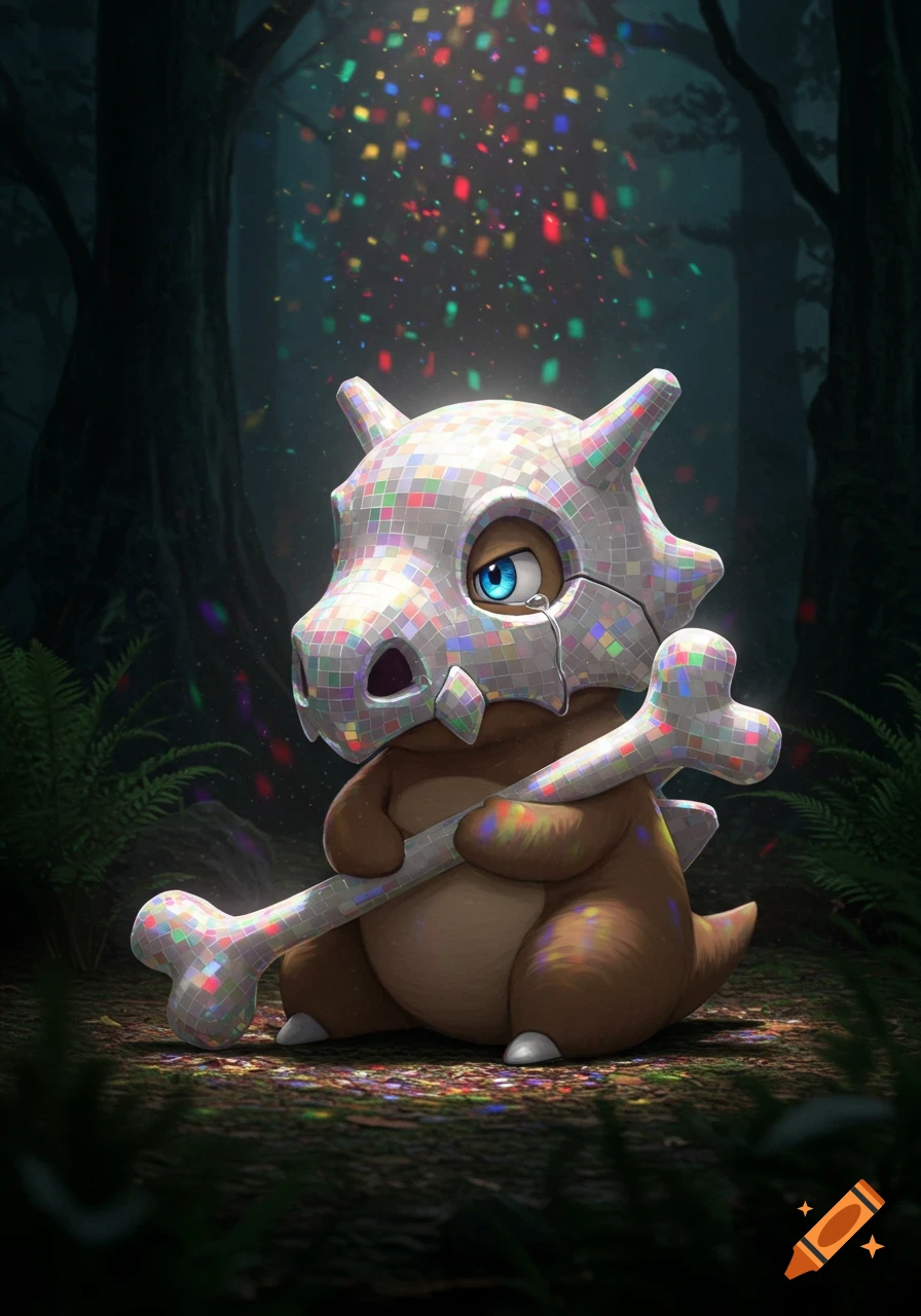 Highly detailed Cubone Pokémon with a disco ball skull helmet and bone, crying in a dark forest with rainbow reflections.
