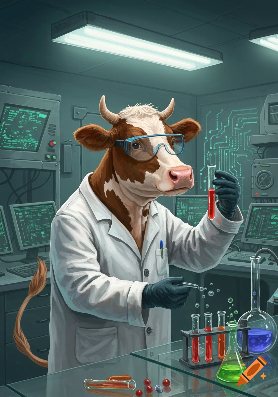 A brown and white cow wearing a white lab coat and safety goggles holds a red test tube in a science laboratory.