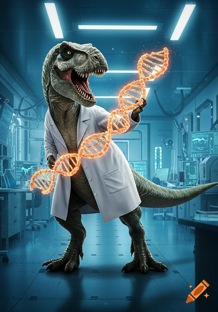 A photorealistic T-Rex in a lab coat holding a glowing DNA strand in a science laboratory.