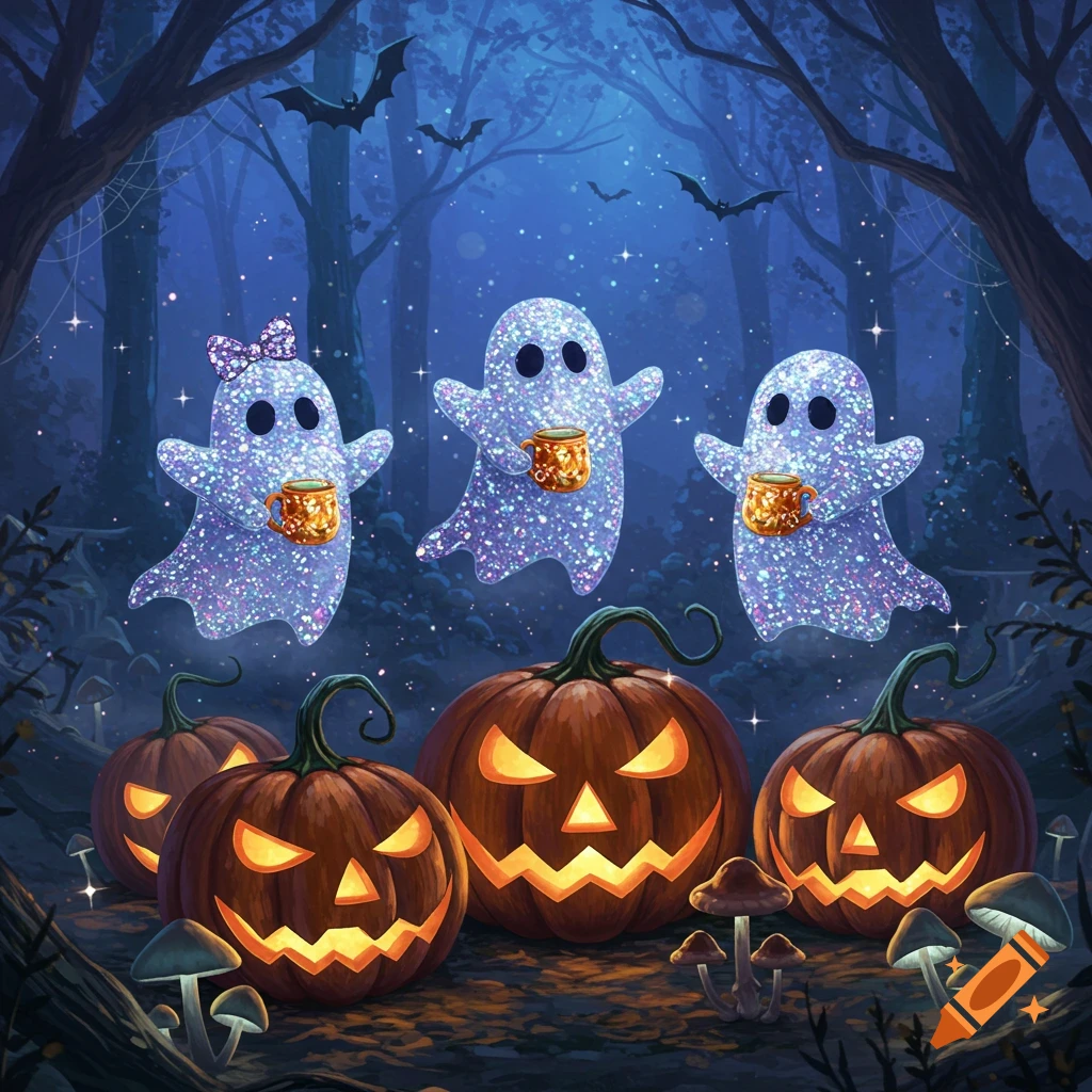Whimsical Halloween scene with three sparkling ghosts floating above glowing jack-o'-lanterns in a dark, enchanted forest with bats and mushrooms.