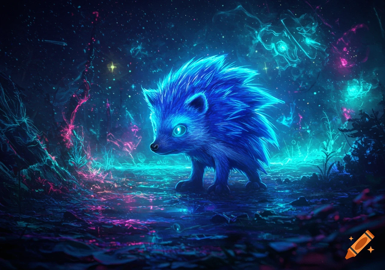 A blue, spiky creature with glowing eyes stands in a dark, mystical forest illuminated by vibrant neon blue and pink light.