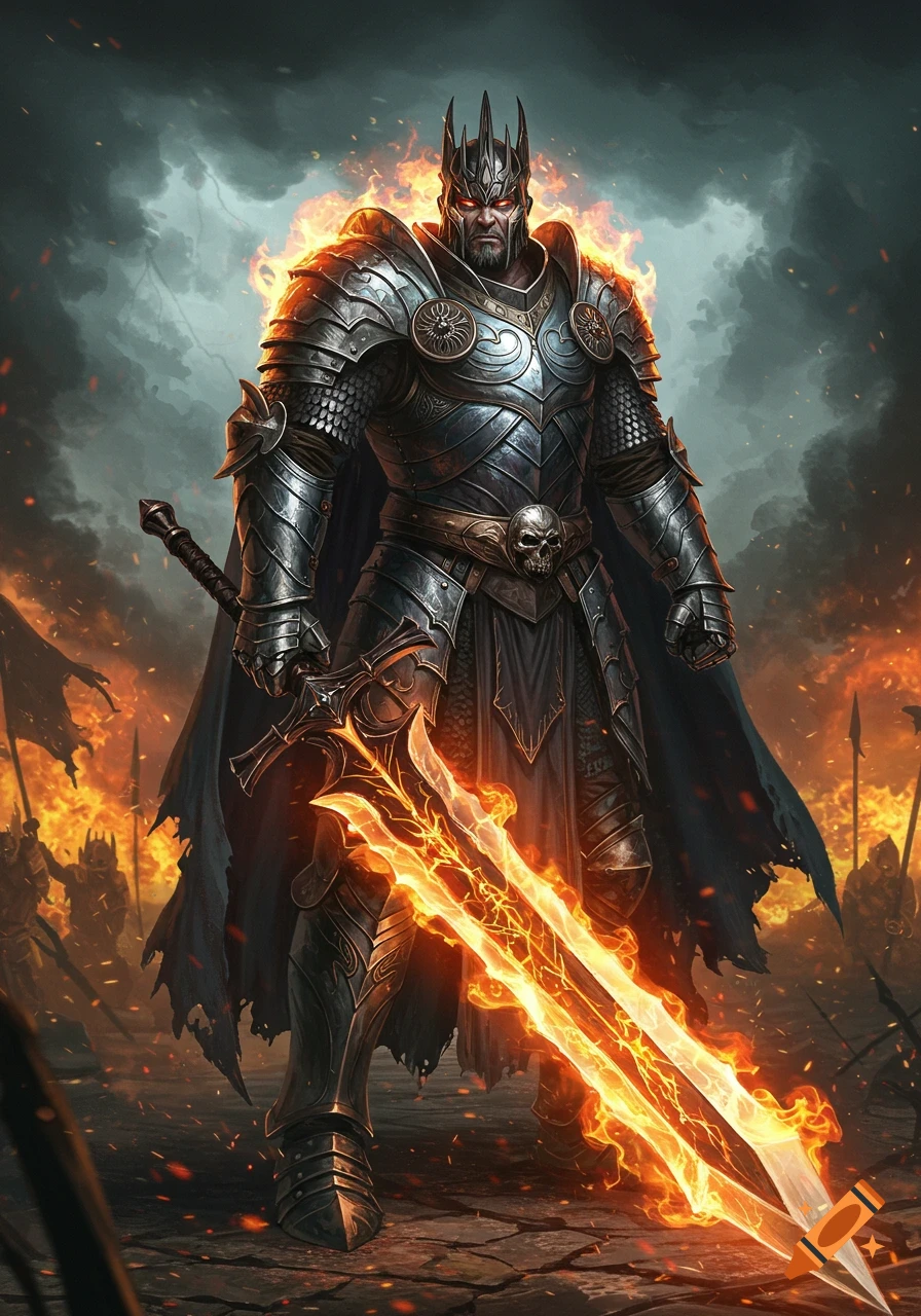 A heavily armored warrior king with glowing red eyes stands defiantly, holding a large sword engulfed in flames, amidst a fiery battlefield.