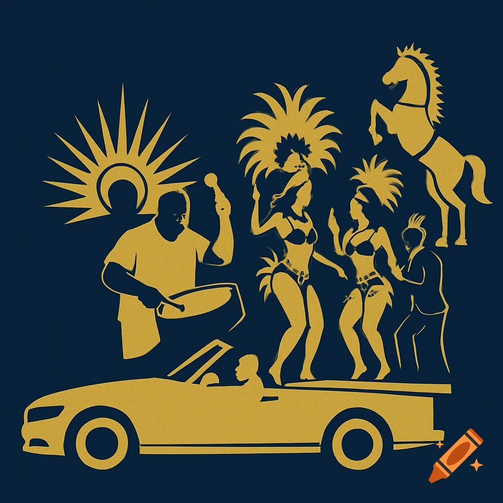 Golden silhouette illustration of a Caribbean parade with dancers, a drummer, a car, and a horse against a dark blue background.