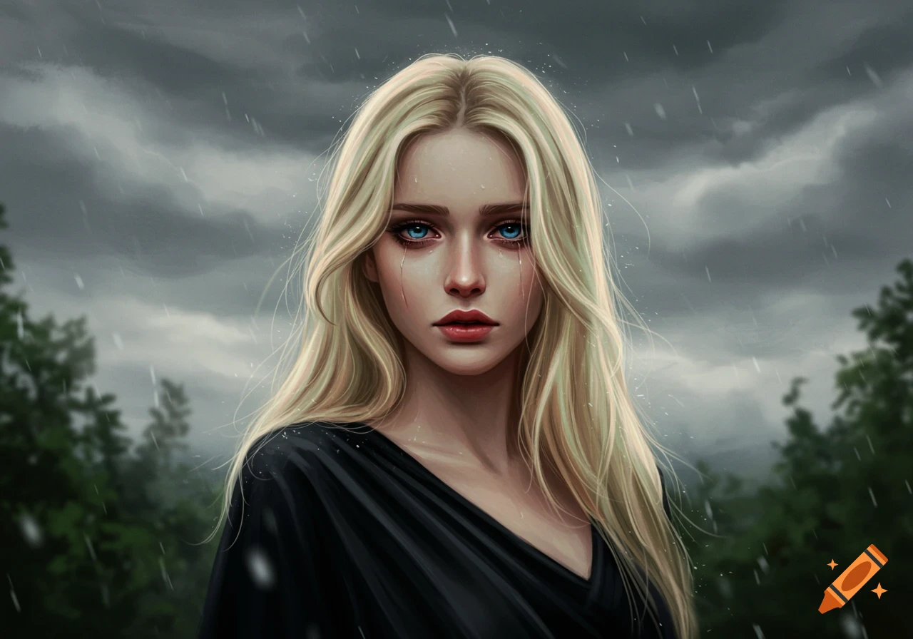 Digital art portrait of a blonde woman with blue eyes crying in the rain under a stormy sky.