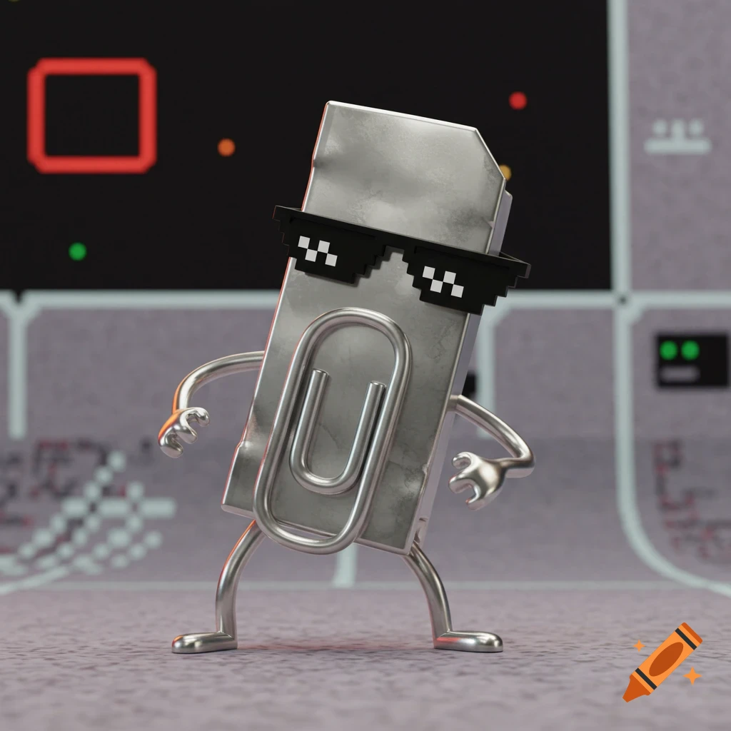 A silver paperclip character with arms and legs wearing black pixelated meme sunglasses, standing in a digital background.