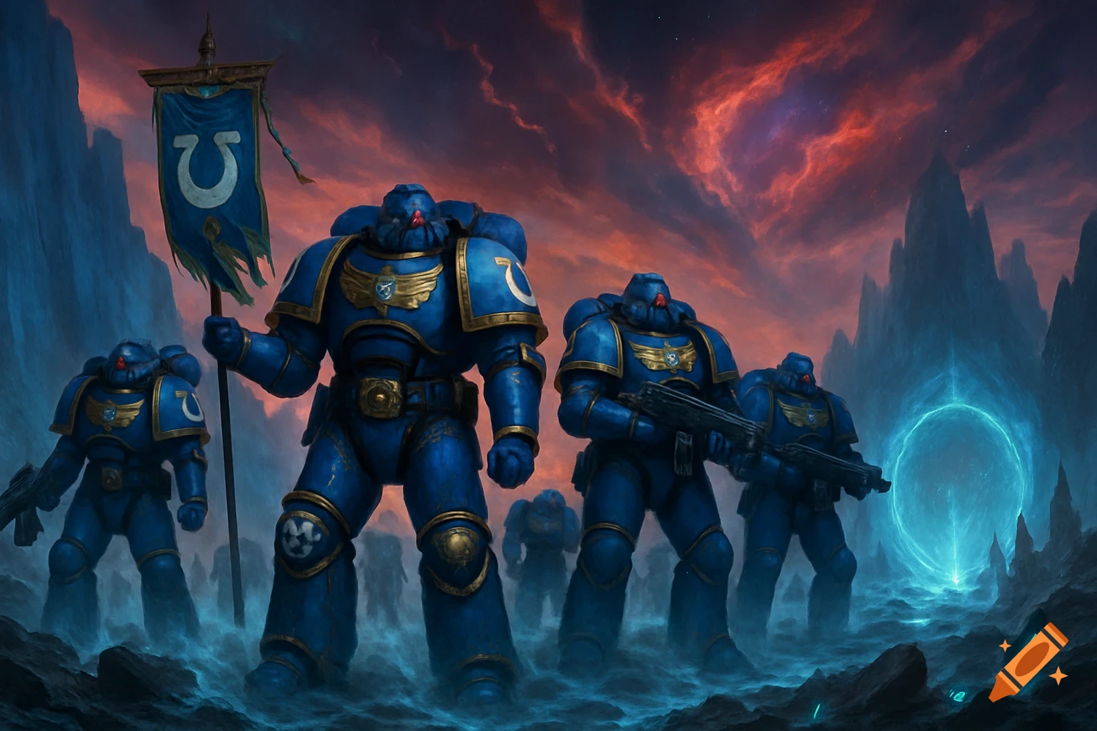 Blue Space Marines with power armor and weapons stand on a dark, rocky alien landscape under a fiery red and purple sky, with a glowing blue ring in the distance. One marine holds a banner with a white omega symbol.