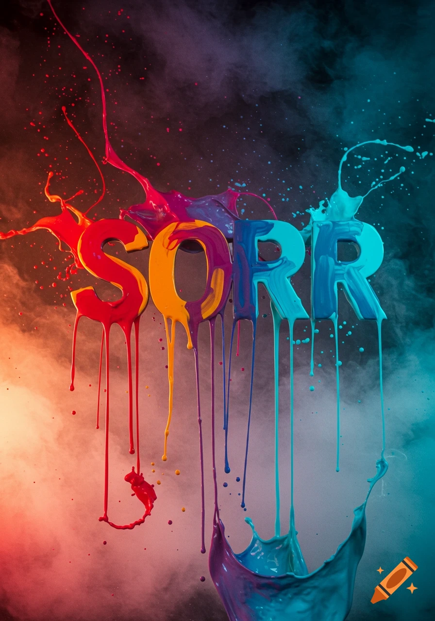 Colorful paint forms the word 'SORR' with drips and splashes, set against a smoky, gradient background.