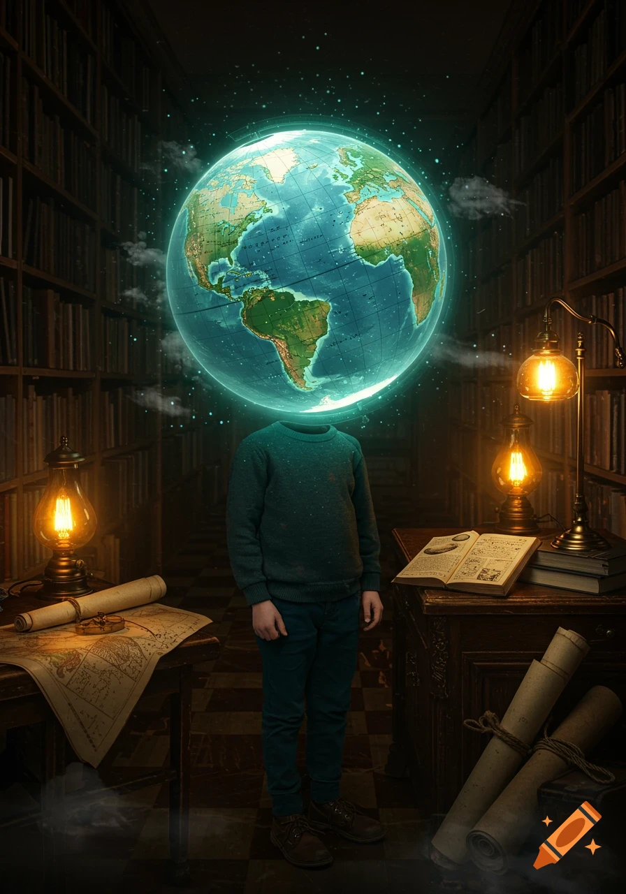 A person with a glowing Earth globe for a head stands in a dimly lit library filled with bookshelves and antique items.