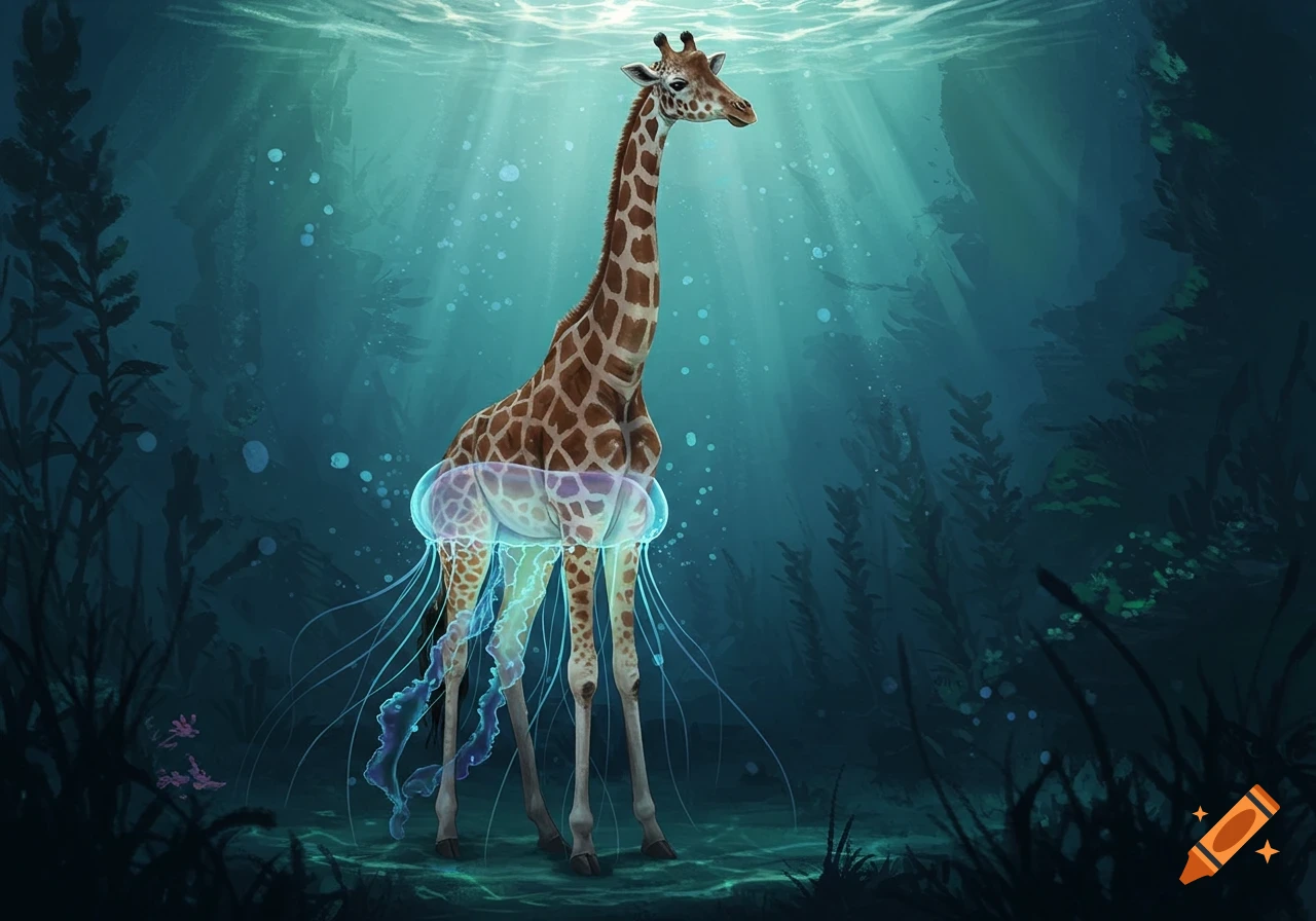 A majestic giraffe stands underwater, its lower body replaced by a translucent, glowing jellyfish, amidst ocean plants and sunlit water.