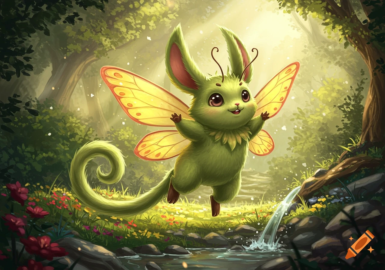 A cute, green, furry fantasy creature with yellow butterfly wings and rabbit-like ears floats in a lush, sunlit enchanted forest.