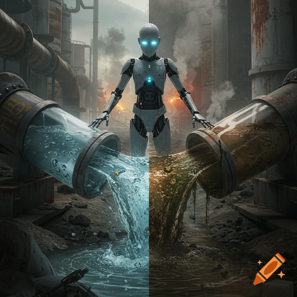 A robot stands between two pipes in an industrial wasteland, one pouring clean water, the other dirty sewage.