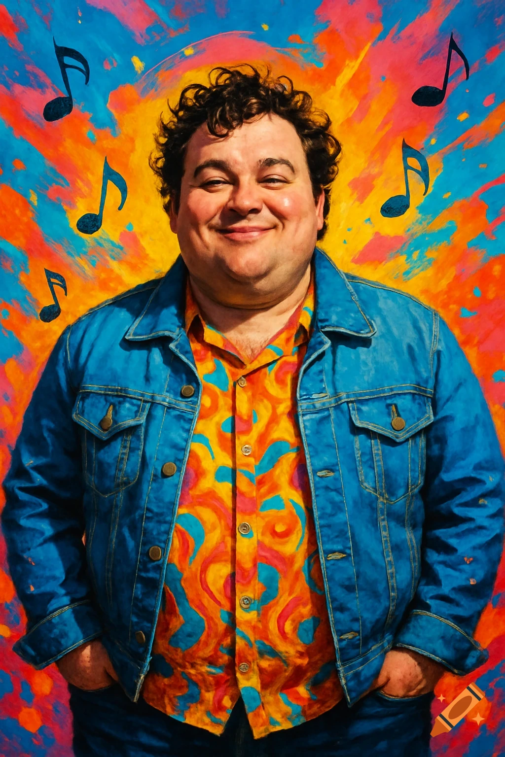 Smiling chubby man in a blue denim jacket and colorful shirt against a vibrant, abstract background with musical notes.