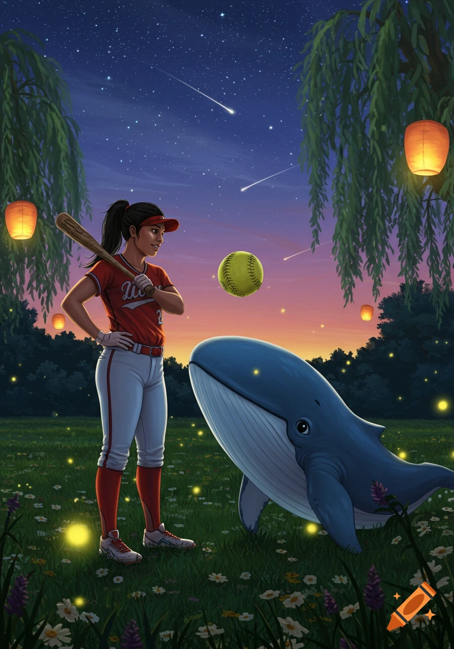An illustrated female softball player stands with a whale in a magical grassy field at night under a starry sky with shooting stars, lanterns, and fireflies.