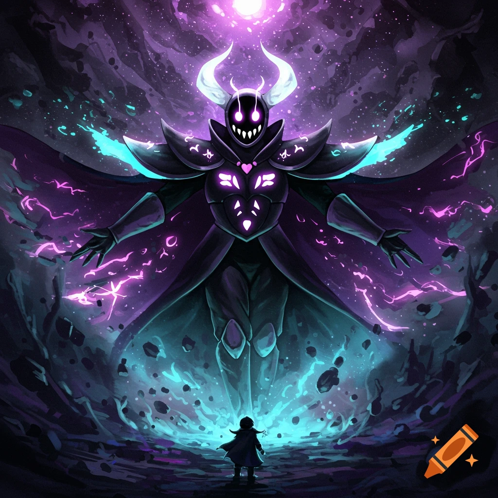 A large, dark, horned figure with glowing purple and blue energy looms over a small, cloaked figure in a dark, cosmic setting, digital art.
