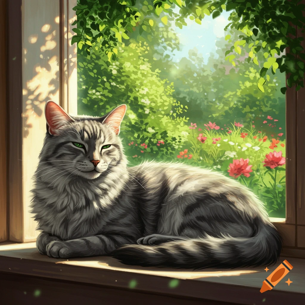 A fluffy grey cat with green eyes lies on a sunlit windowsill, looking out at a vibrant green garden with pink flowers.