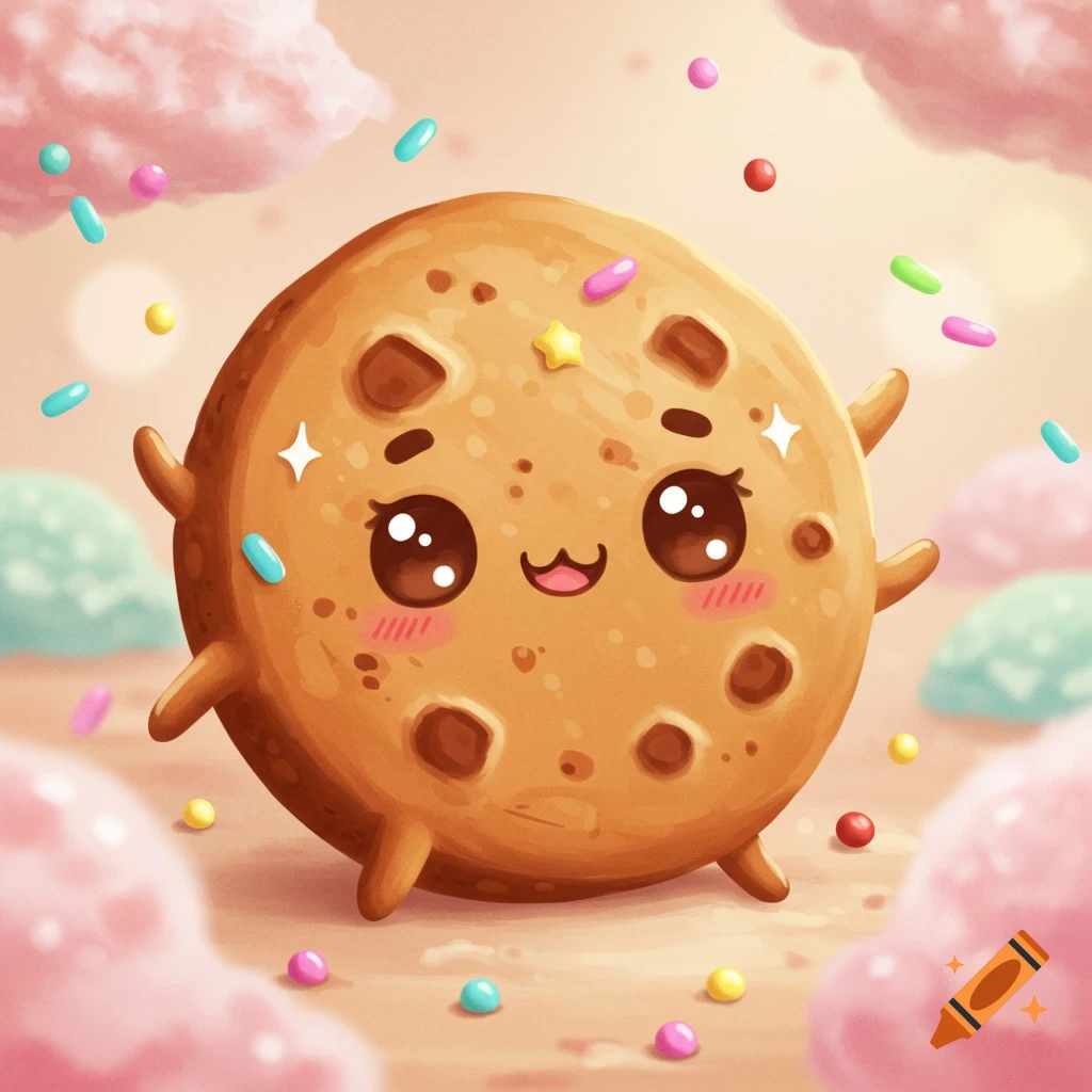 A cute, round kawaii cookie character with big sparkly eyes, blush, and colorful sprinkles, surrounded by pastel clouds.