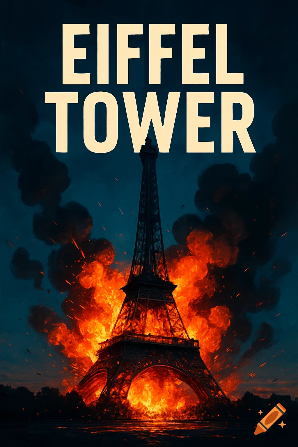 The Eiffel Tower engulfed in a dramatic blaze with dark smoke against a stormy sky, text reads 'EIFFEL TOWER'.