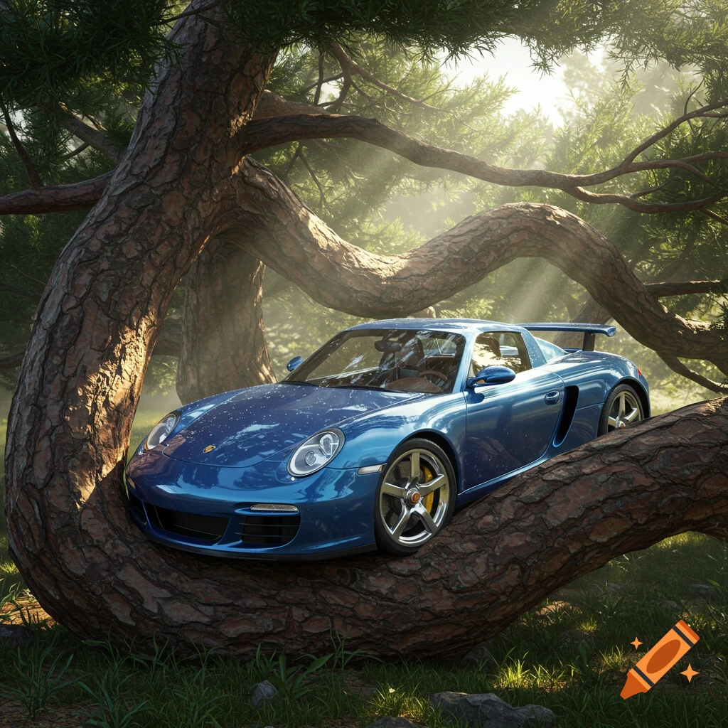 A photorealistic blue Porsche Carrera GT sports car is parked on a thick, gnarled tree branch in a sunlit pine forest.