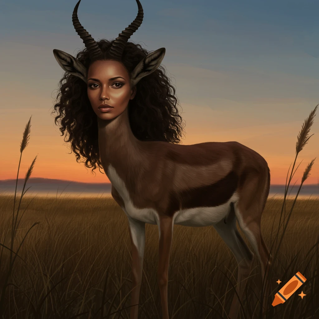 A photorealistic image of a female human head with dark curly hair on the body of a gazelle, standing in a field at sunset.
