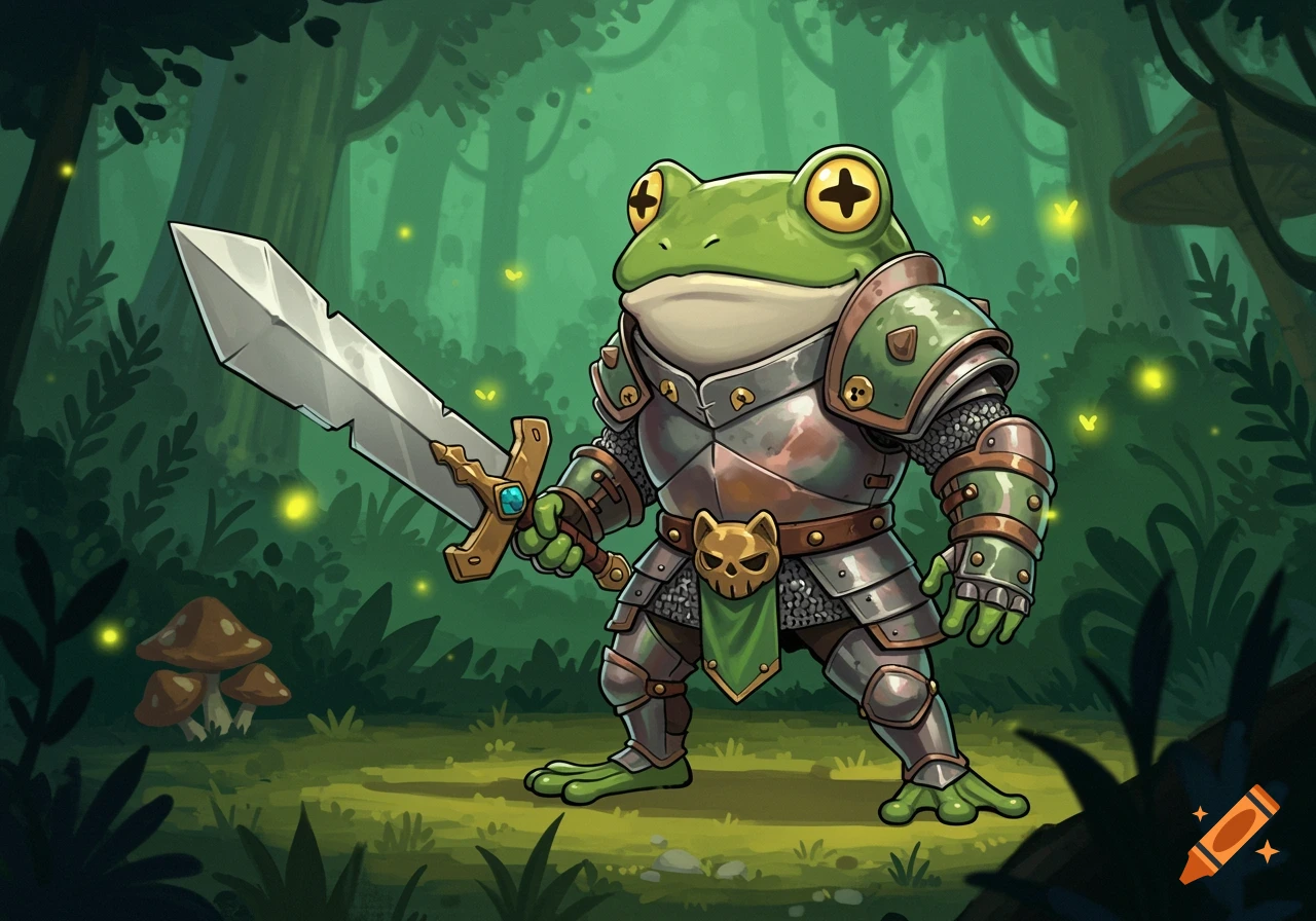 A cartoon frog knight in armor holding a sword in a forest with fireflies, in the style of Castle Crashers.