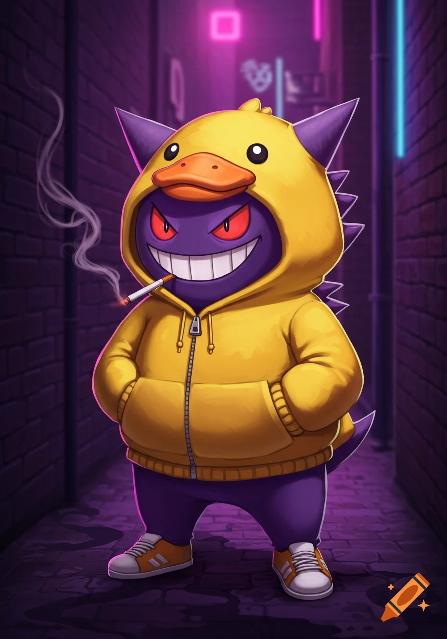 Purple Gengar Pokémon wearing a yellow duck hoodie and smoking a cigarette in a dark alley with neon lights, in a cartoon illustration style.
