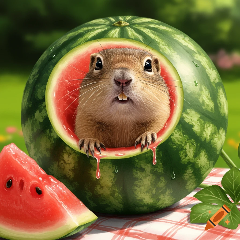 A gopher peeks out from a carved watermelon on a checkered picnic blanket, with a watermelon slice nearby, in a vibrant, detailed style.