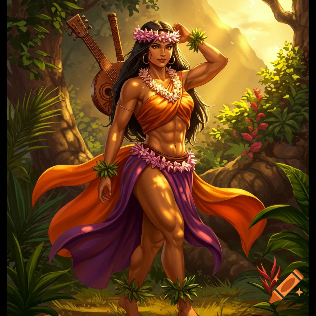 Muscular Hawaiian woman in orange and purple traditional attire, leis, and a lute on her back, standing in a lush jungle at sunset.