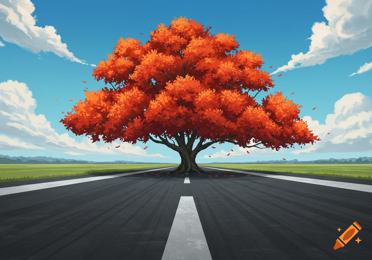 An autumnal tree with vibrant orange leaves stands centered on a long, straight road under a blue sky with white clouds.