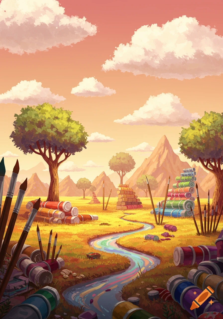 A vibrant, illustrative landscape with a river of paint, surrounded by giant paint tubes, paintbrushes, and stacks of colorful rolls.