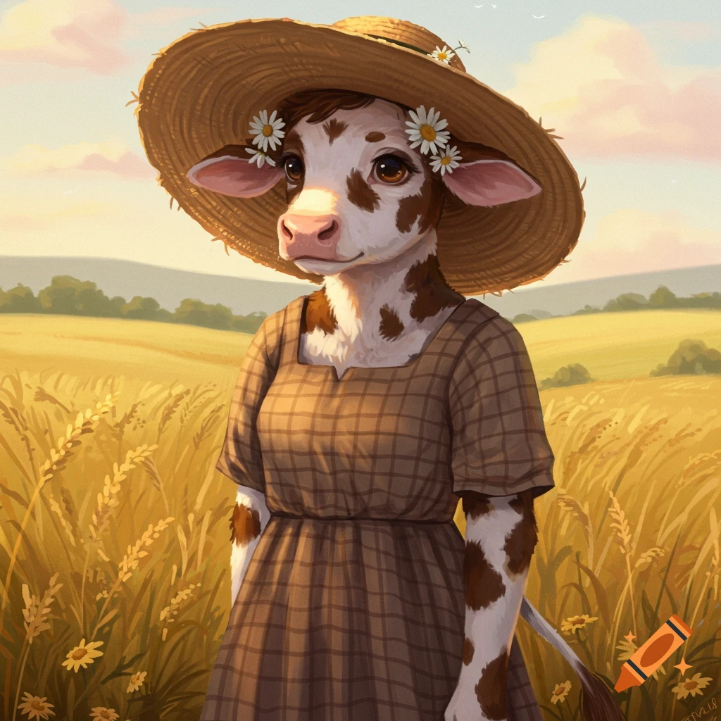 A cute anthropomorphic cow in a straw hat with daisies and a plaid dress stands in a golden wheat field.