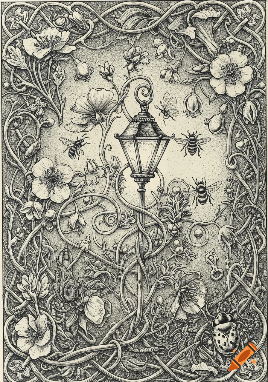 Detailed black and white ink drawing of a lamp post entwined with ornate vines, flowers, bees, and a ladybug.