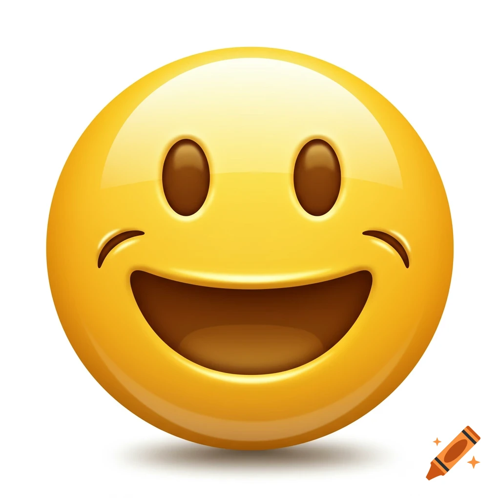 A glossy, bright yellow smiley face emoji with a wide, happy grin and oval eyes, casting a soft shadow.