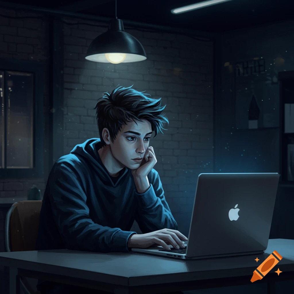 A young man in a dark room sits at a desk, looking intently at a glowing laptop screen. Digital art illustration.