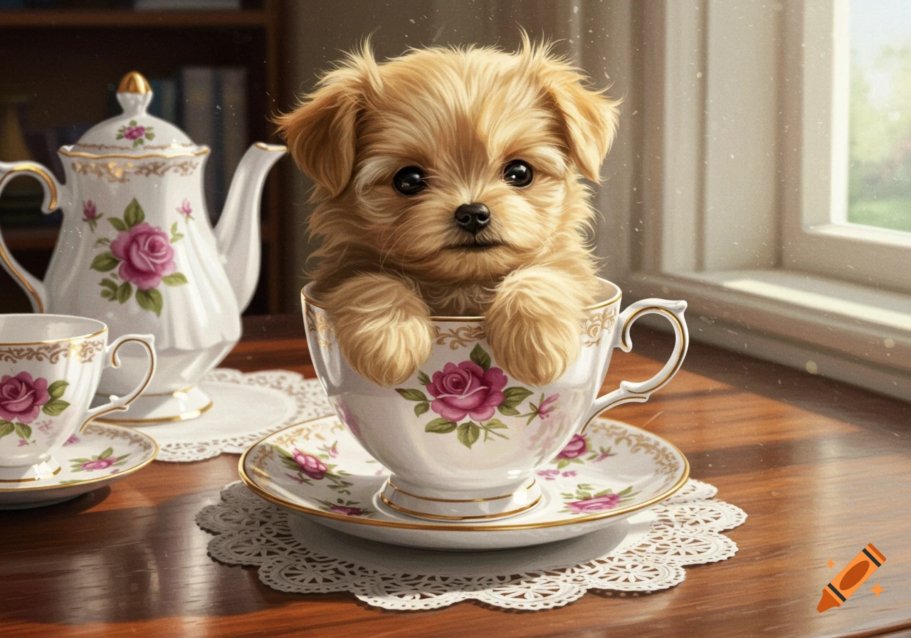 A fluffy teacup puppy with big dark eyes peeks out of an elegant teacup on a table with a tea set by a sunlit window.