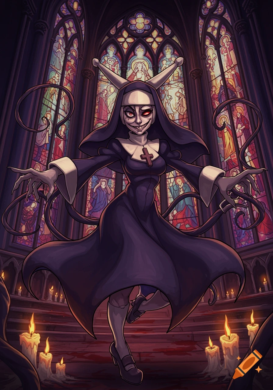 A stylized illustration of the demonic nun 'Double' from Skullgirls, standing in a gothic cathedral with stained glass windows and candles.