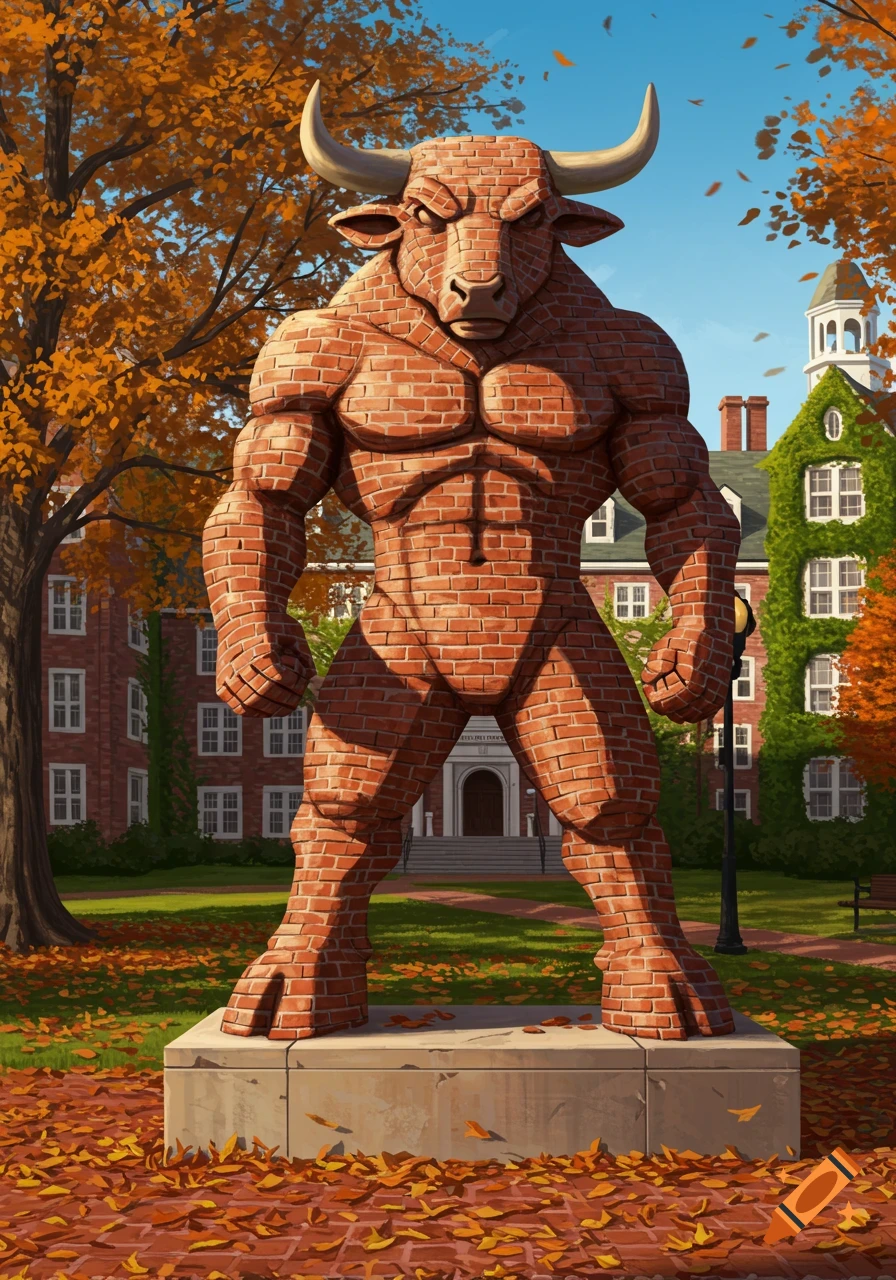 A brick bull statue stands on a college campus in autumn, surrounded by fallen leaves and historic buildings under a blue sky.